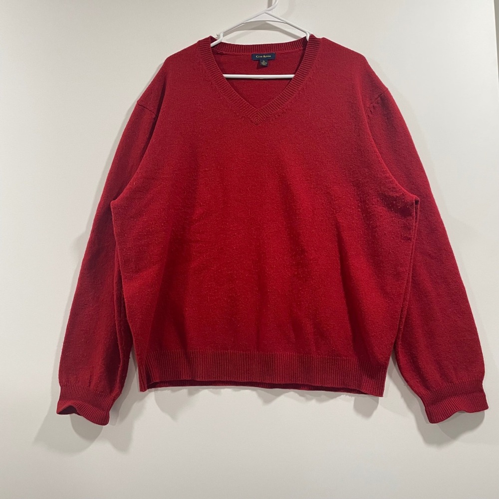 Club Room‎ Mens XL V-Neck Sweater Red 100% Lambswool Knit Pullover Solid Classic